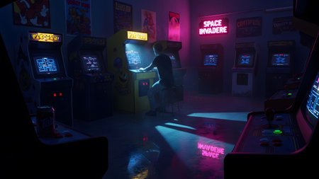 Dimly lit room filled with vintage arcade machines displaying colorful game screens and neon signs.