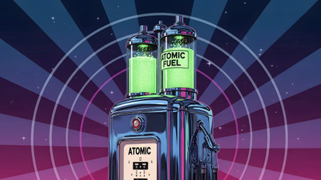 Fuel showing retro atomic fuel dispenser with glowing green liquid and stylized background.