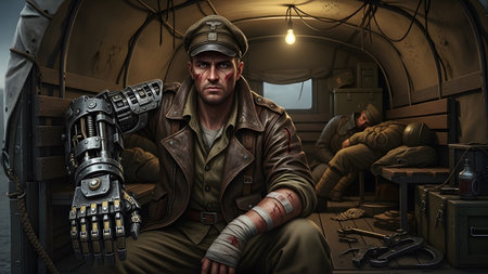 A soldier with a metallic prosthetic arm and facial wounds sits in a dimly lit military tent, a...の写真素材