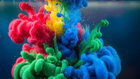 Blooming showing vibrant red, yellow, green, and blue ink clouds swirling and blooming in clear...の写真素材