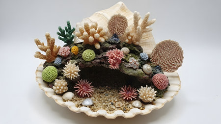A miniature diorama of a colorful coral reef sits within a large seashell, featuring various...