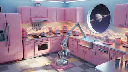 Window showing retro pink kitchen with robotic arm washing dishes and saturn visible through...の写真素材