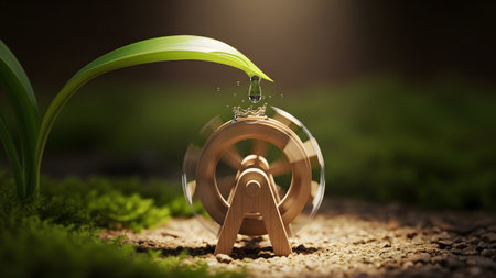 A single water droplet falls from a vibrant green leaf onto a small wooden water wheel,...の写真素材
