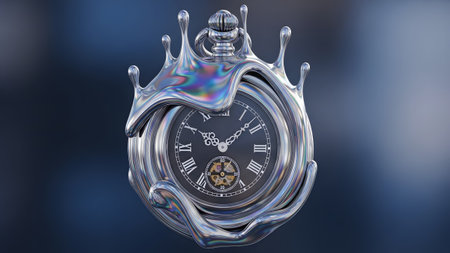 Numerals showing silver melting pocket watch with roman numerals and dark blue dial.