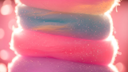 Colorful showing stack of colorful cotton candy layers in pink blue and yellow with sparkling...の写真素材