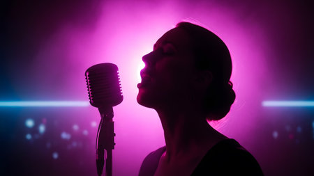 Vintage showing silhouette of a woman singing into a vintage microphone under pink and blue...の写真素材