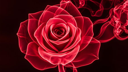 A glowing red rose with translucent petals is surrounded by wisps of red smoke against a dark...の写真素材