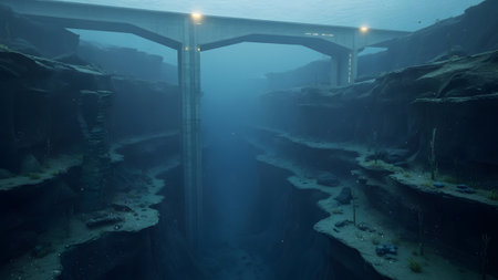 Concrete showing underwater concrete bridge spanning a deep ocean canyon with illuminated lights...