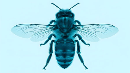 View showing top-down view of a cyan bee with detailed wings and segmented body. resolution...