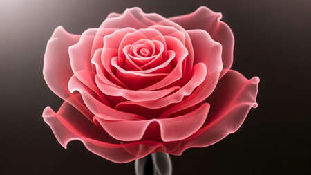 A translucent pink rose with a soft glow and delicate petals is presented against a muted dark...の写真素材