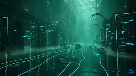 An underwater server farm with rows of glowing server racks and neon blue lights, small fish...の写真素材