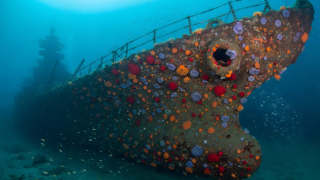 The bow of a rusty shipwreck underwater is densely covered in a variety of colorful sea anemones...