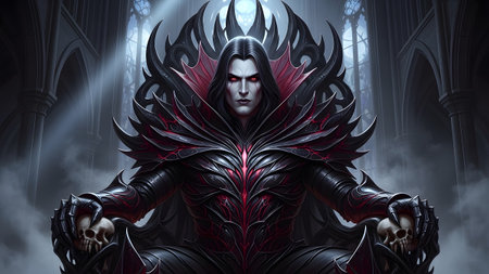A vampire king with red eyes sits on a throne made of skulls in a dark, gothic hall.......の写真素材