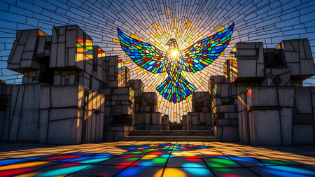 A bright stained glass dove radiates light against concrete structures, with a colorful mosaic...の写真素材