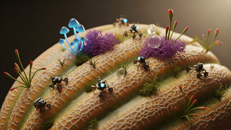 Miniature robots explore a textured, organic surface with glowing blue mushrooms and purple moss.の写真素材