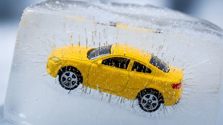 Frozen showing yellow toy car encased in a block of ice with visible air bubbles and frozen...の写真素材
