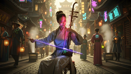 Neon showing woman playing a futuristic electric erhu while sitting in a traditional asian...の写真素材