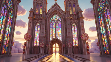 Lollipop showing whimsical candy cathedral exterior with stained glass windows and lollipop...の写真素材