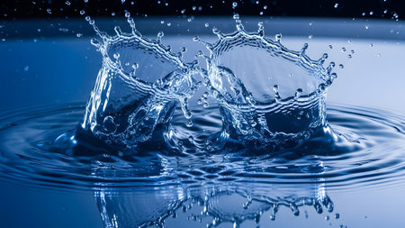 Two vibrant blue water splashes collide forming intricate crown shapes with numerous suspended...の写真素材