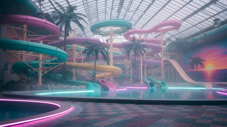 Slides showing vibrant indoor water park with colorful slides and neon-lit pool under a glass...の写真素材