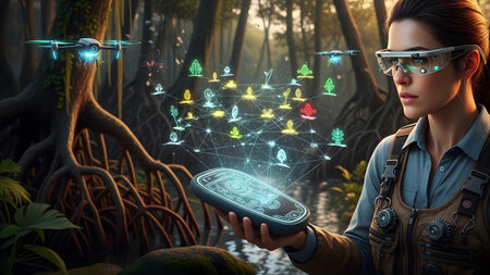 Holographic showing woman wearing smart glasses holds smartphone interacting with holographic...