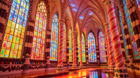 Interior of a fantastical gingerbread cathedral featuring vibrant stained glass windows and...の写真素材