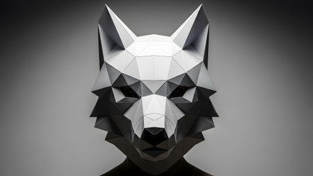 Person showing geometric wolf mask with sharp angles and faceted surfaces on a person.の写真素材