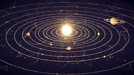 System showing solar system model with sun planets and constellations in dark starry background....の写真素材