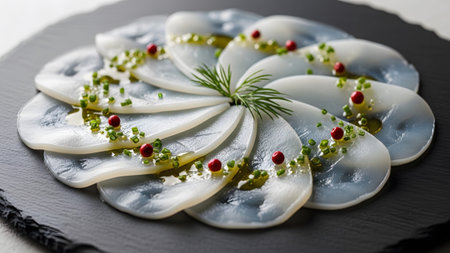 Delicate white fish slices arranged in a circular pattern, drizzled with olive oil and topped...の写真素材