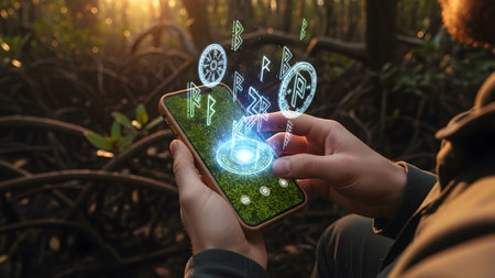 Hands holding a smartphone with glowing runes and a green nature display against a blurred...