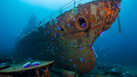 A rusted shipwreck bow underwater is adorned with vibrant purple and blue sea anemones, with...の写真素材
