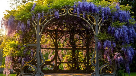 (3232) showing ornate nouveau gazebo covered in cascading purple wisteria flowers bathed in...の写真素材