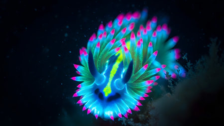 Neon showing vibrant neon blue sea slug with pink tentacles glows in dark ocean depths.の写真素材