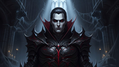 A menacing vampire lord with glowing red eyes wears intricate black armor with red highlights in...の写真素材
