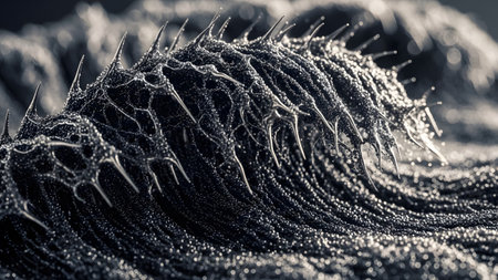 (3153) showing close-up of a dark granular wave with sharp metallic spikes and intricate...の写真素材