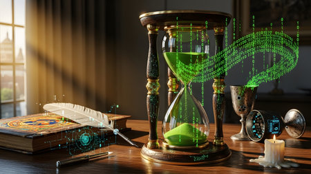 Hourglass showing hourglass with green binary code and candle on a wooden table. resolution...