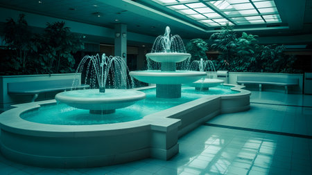 A moody teal-toned shopping mall atrium tiered water fountains and empty benches amidst lush...の写真素材