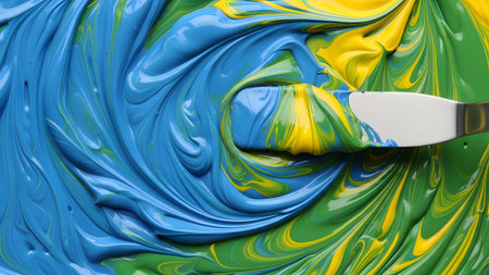 A metal palette knife vigorously swirls thick, vibrant blue, green, and yellow oil paints...