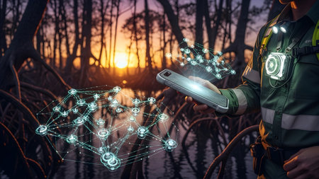 A person in a green uniform holds a smartphone displaying holographic data networks against a...
