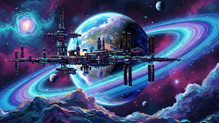 (3460) showing vibrant sci-fi space station orbiting ringed planet with nebula and asteroids....