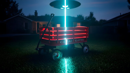 Bright showing red wagon in a yard with a bright blue beam of light shining on it at...