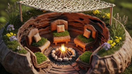 A cozy, natural seating area with chairs around a fire pit inside a hollowed-out space....の写真素材