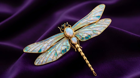 A detailed gold dragonfly brooch with iridescent opal wings is elegantly displayed on a deep...の写真素材
