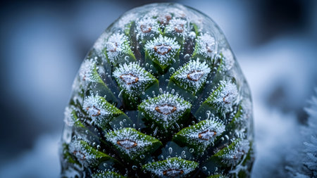 Frost showing close-up of green pinecone covered in frost and ice crystals. resolution...の写真素材
