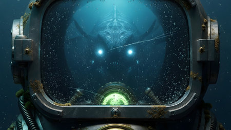 Vintage showing close-up of a vintage diving helmet with a creature visible through...の写真素材