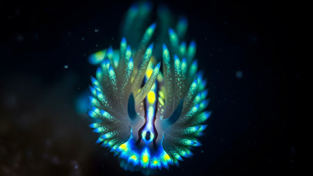 View showing detailed macro view of a colorful sea slug with yellow and blue markings in dark...の写真素材