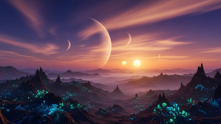 Crystals showing alien planet landscape with glowing crystals and multiple moons during a...の写真素材