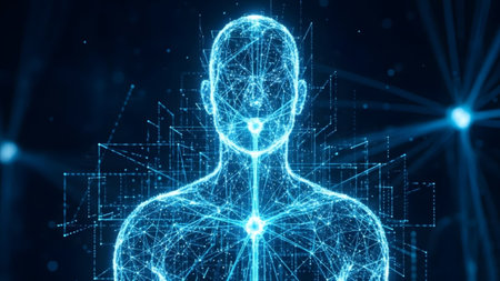 Abstract showing abstract digital human figure composed of blue geometric network lines.