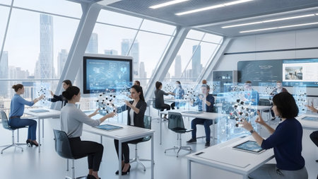 Models showing adults in a modern classroom using holographic molecular models for science...