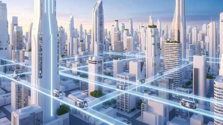 An aerial view of a futuristic city featuring tall white buildings and autonomous pods traveling...
